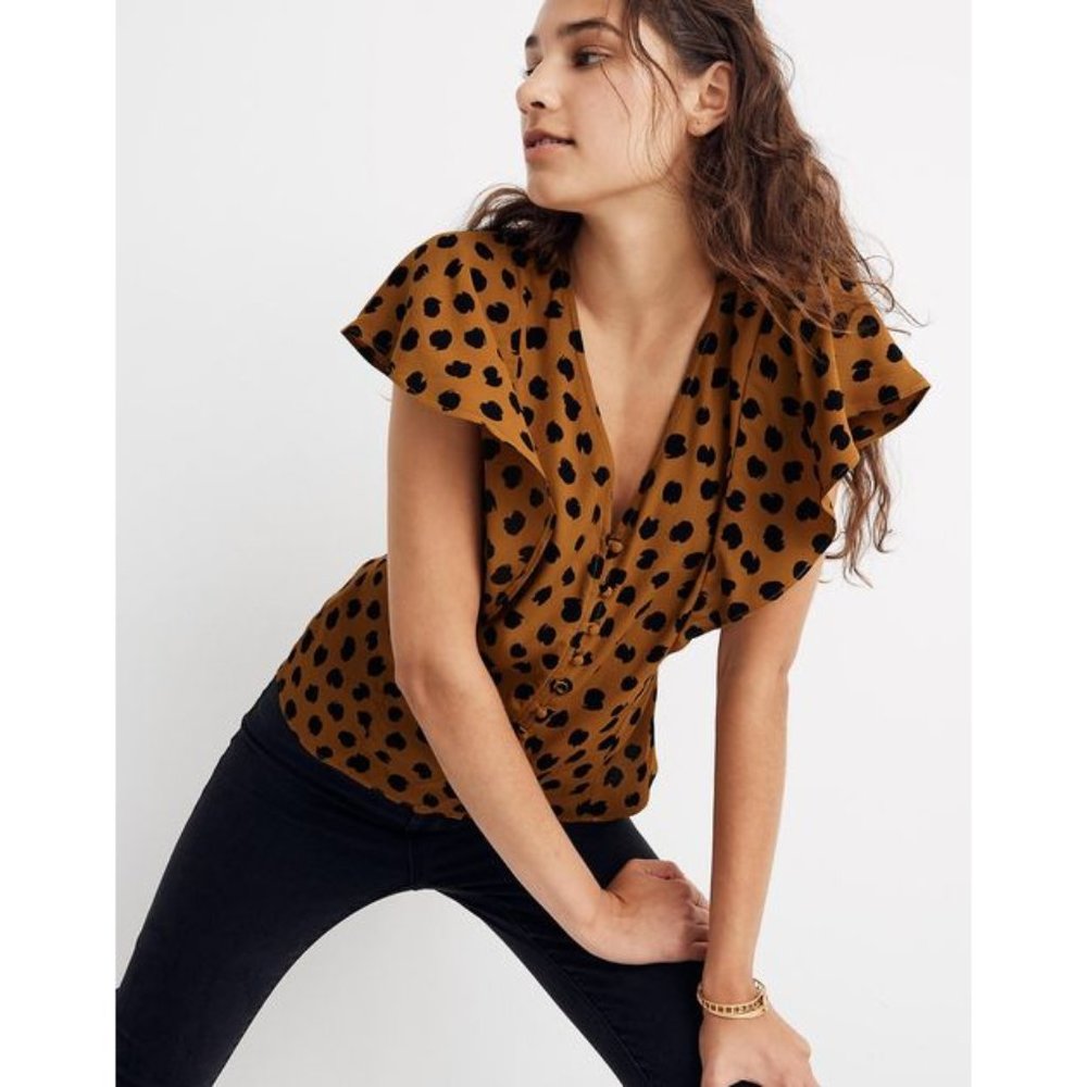 Madewell Brown Leopard Dot Flutter Sleeve Blouse